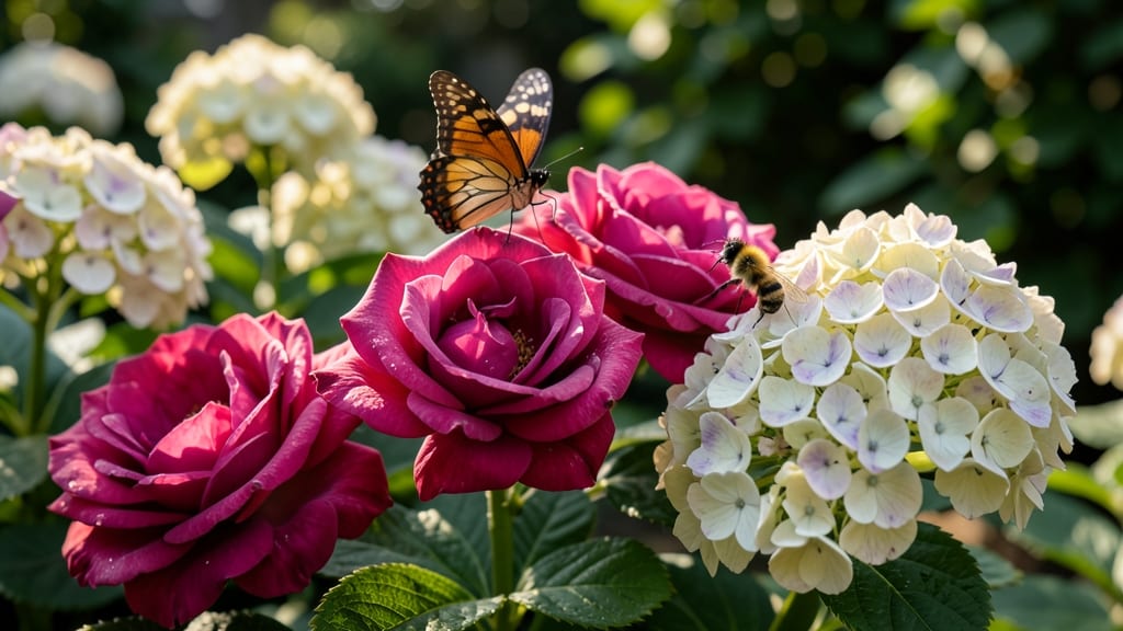 Butterfly-Magnet Double Delight Roses with Vanille Fraise Hydrangeas