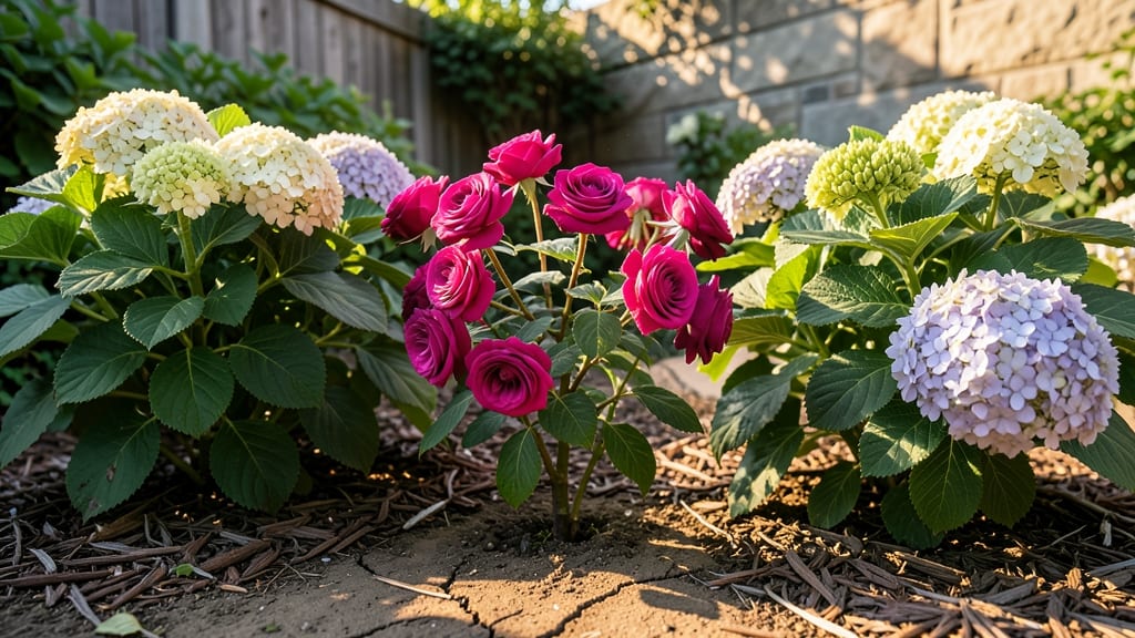 Sun-Loving Knock Out Roses with Oakleaf Hydrangeas