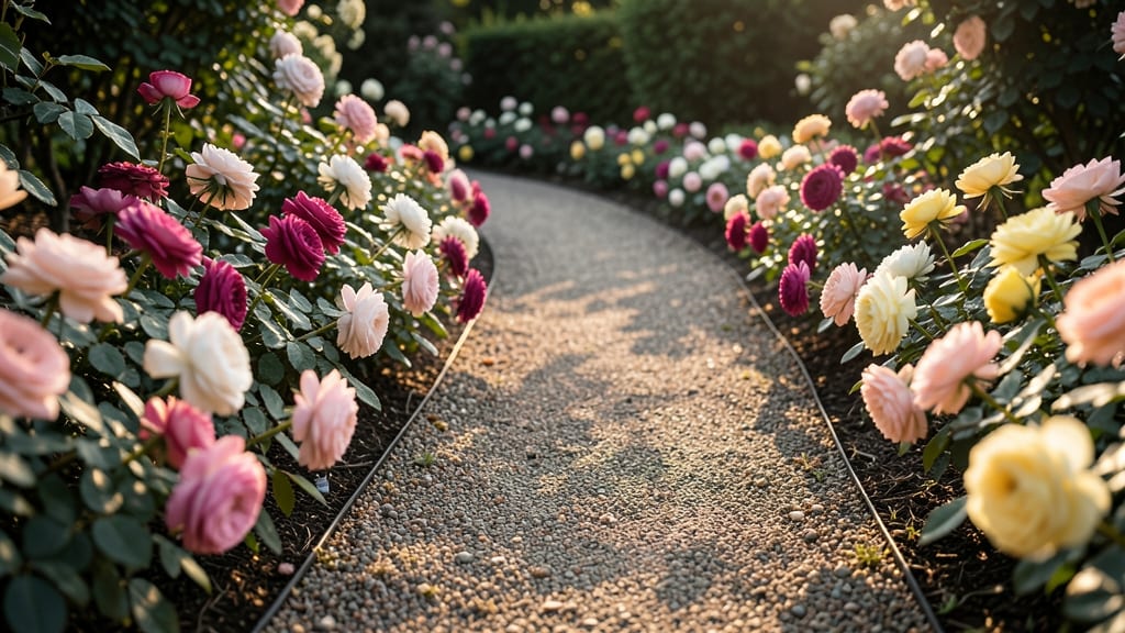 Mixed-Hued Rose Borders Along Walkways