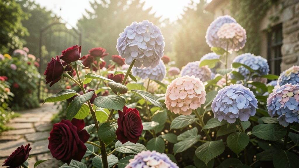 Heirloom Bourbons Roses with Grandiflora Hydrangeas