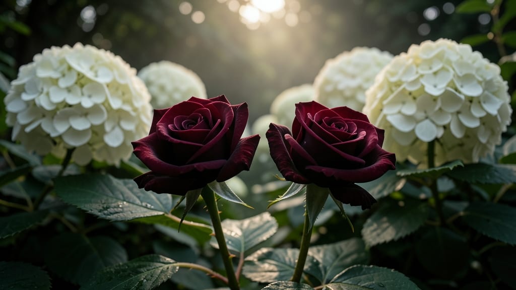 Dramatic Black Baccara Roses with Annabelle Hydrangeas