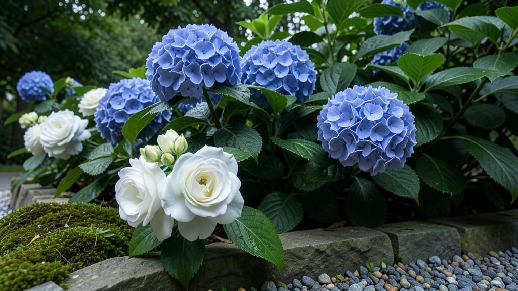 Romantic Iceberg Roses with Nikko Blue Hydrangeas